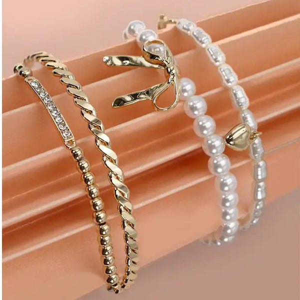 Bow & Pearl Rhinestone Stretch Bangle Set