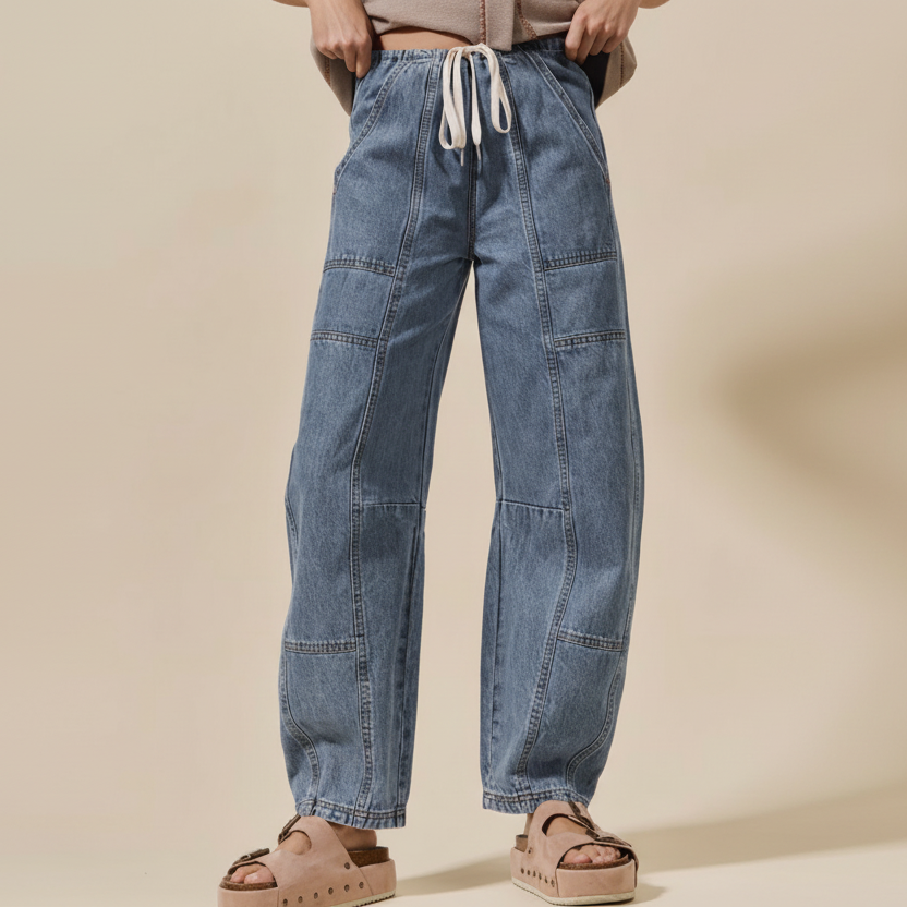 Sweet Meadow Mid Rise Waist Drawstring Barrel Denim Jeans