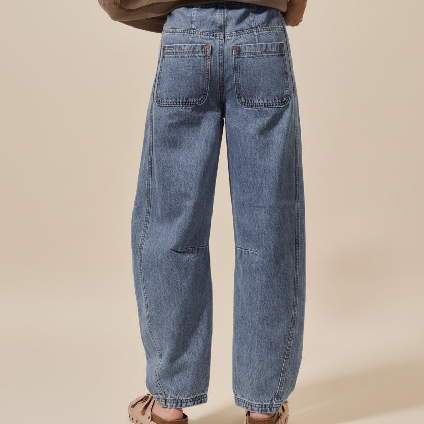 Sweet Meadow Mid Rise Waist Drawstring Barrel Denim Jeans
