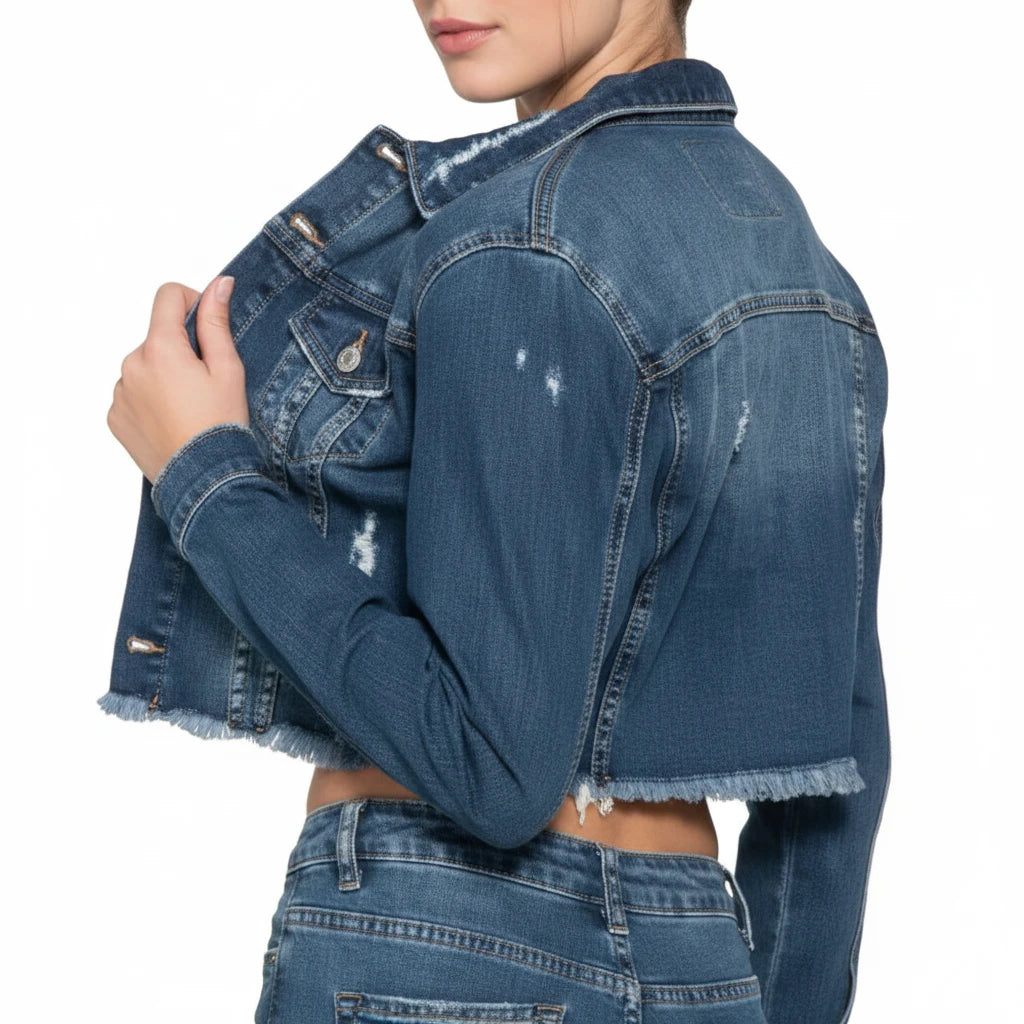 Dark Wash Raw Hem Cropped Denim Jacket