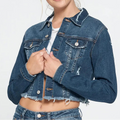 Dark Wash Raw Hem Cropped Denim Jacket