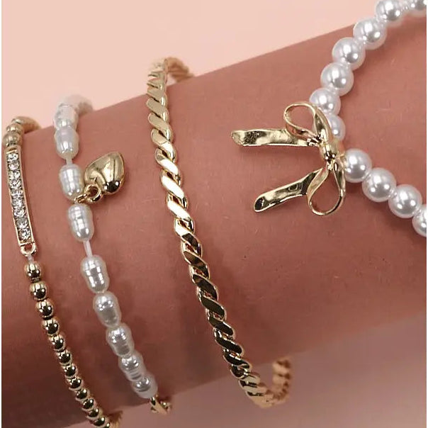 Bow & Pearl Rhinestone Stretch Bangle Set