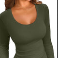 Olive Ribbed Scoop Neck Long Sleeve Slim Fit