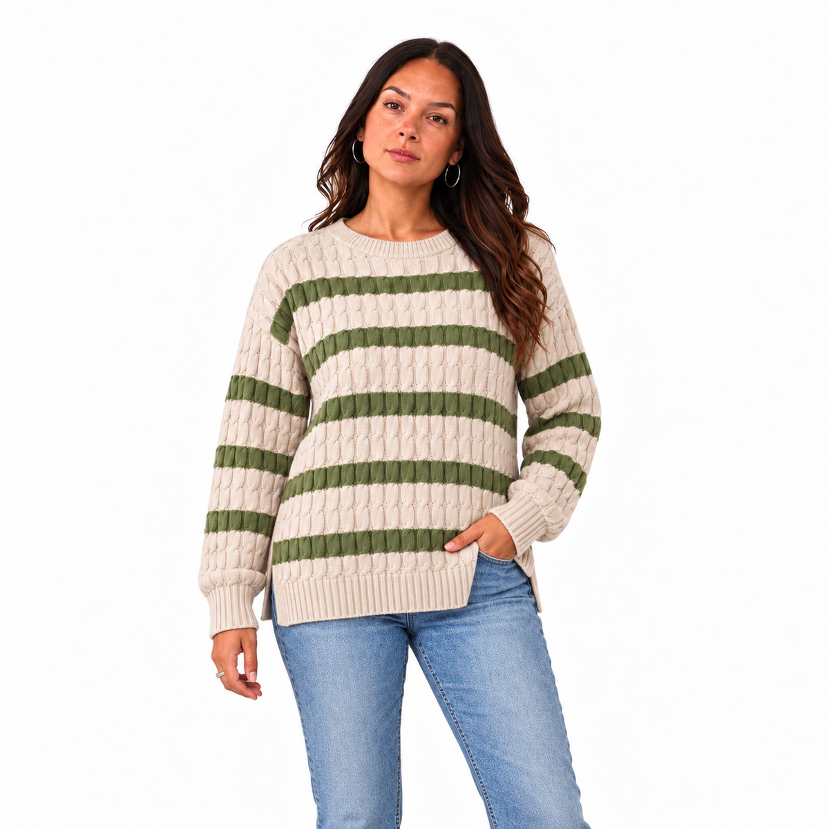 Olive & Oatmeal Cable Knit Sweater