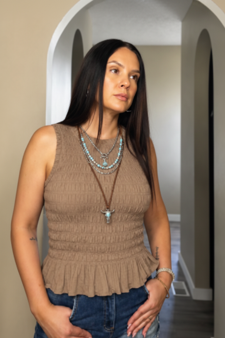 Western Texture Ruffle Hem Tank Top (Khaki)