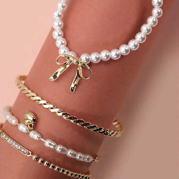 Bow & Pearl Rhinestone Stretch Bangle Set