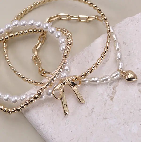 Bow & Pearl Rhinestone Stretch Bangle Set