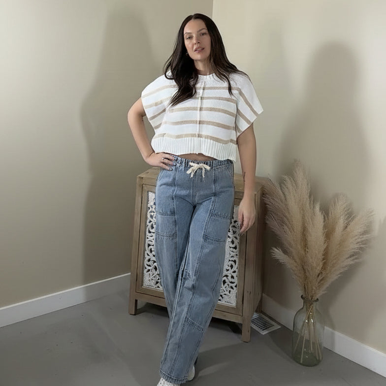Sweet Meadow Mid Rise Waist Drawstring Barrel Denim Jeans