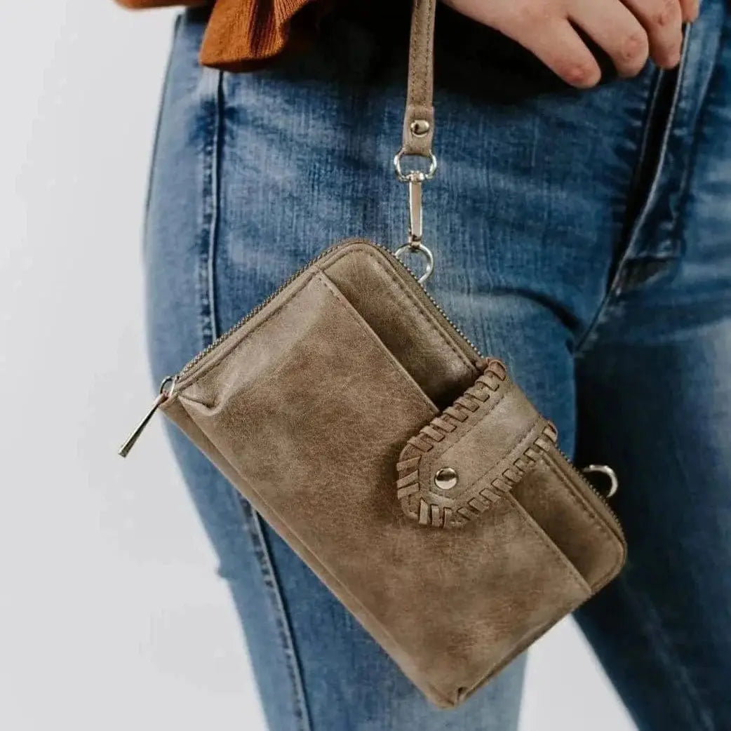 Joelle Crossbody Wallet with Boho Wrist Strap (Taupe)