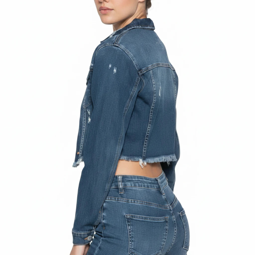 Dark Wash Raw Hem Cropped Denim Jacket