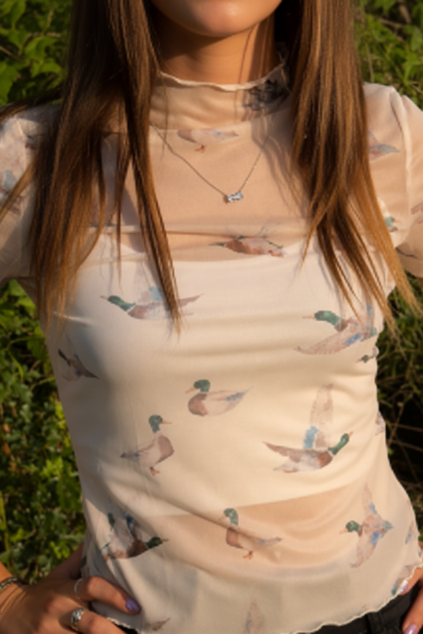 Mallard Western Mesh Mock Neck Sheer Slim Fit Blouse
